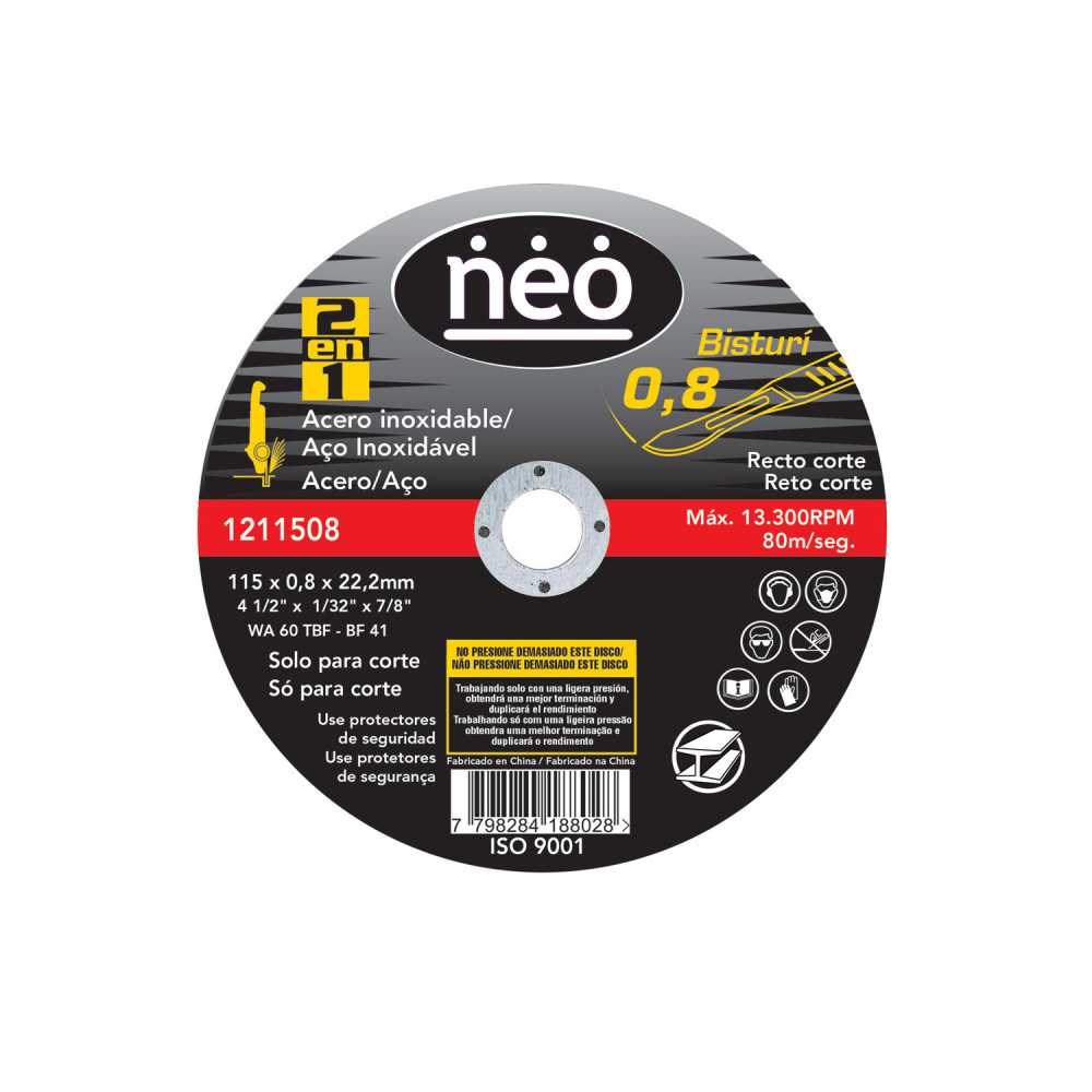 Disco de Corte 4 1/2"x0.8mm Acero Inoxidable 1211508 Neo MI-NEO-050738