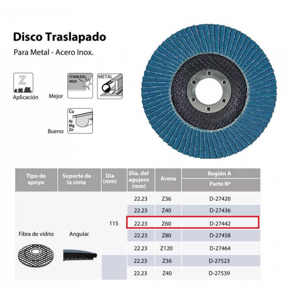 Disco Flap 115x22.23mm Grano 60 Zircón / Metal y Acero Inoxidable Makita D-27442