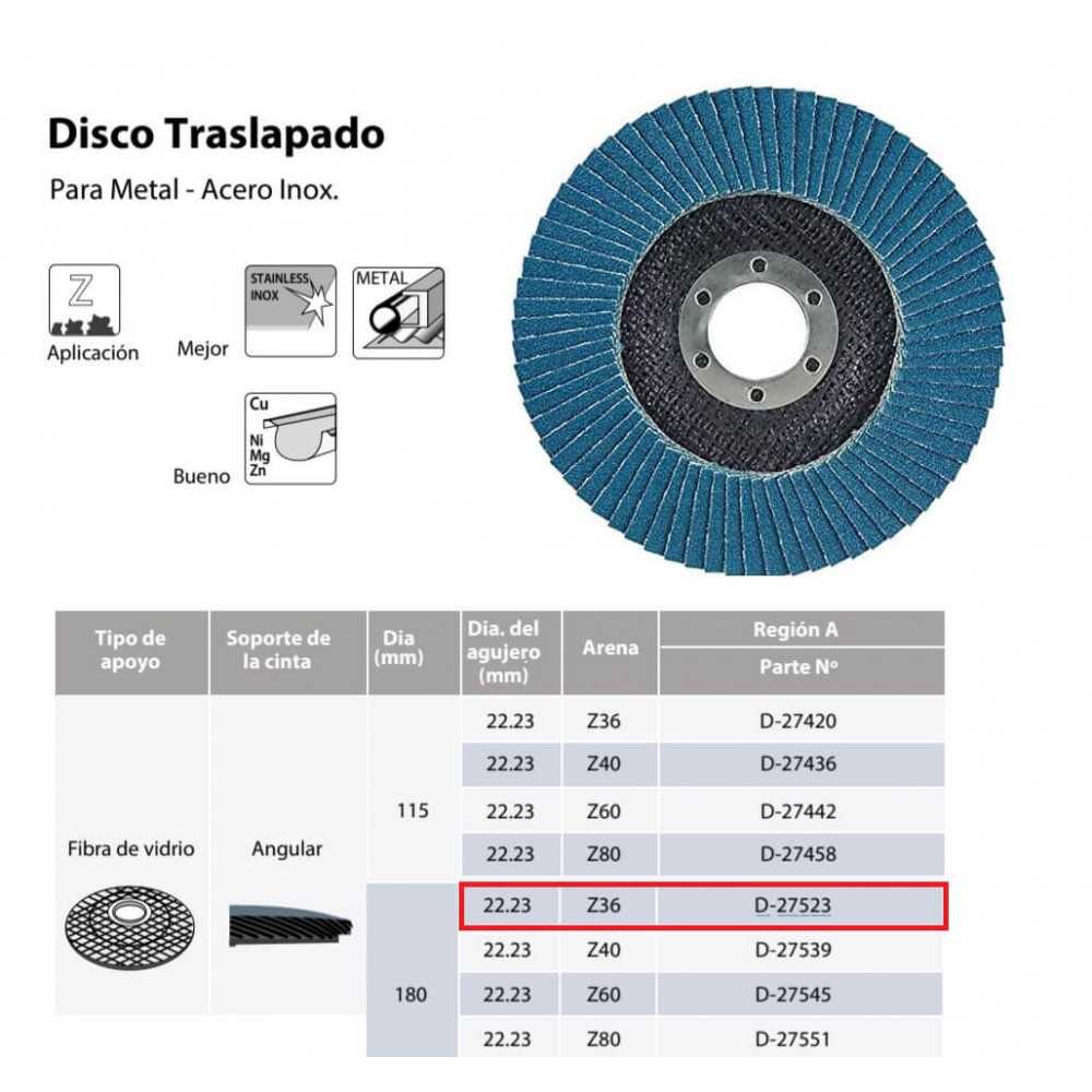 Disco Flap 180x22.23mm Grano 36 Zircón / Metal y Acero Inoxidable Makita D-27523