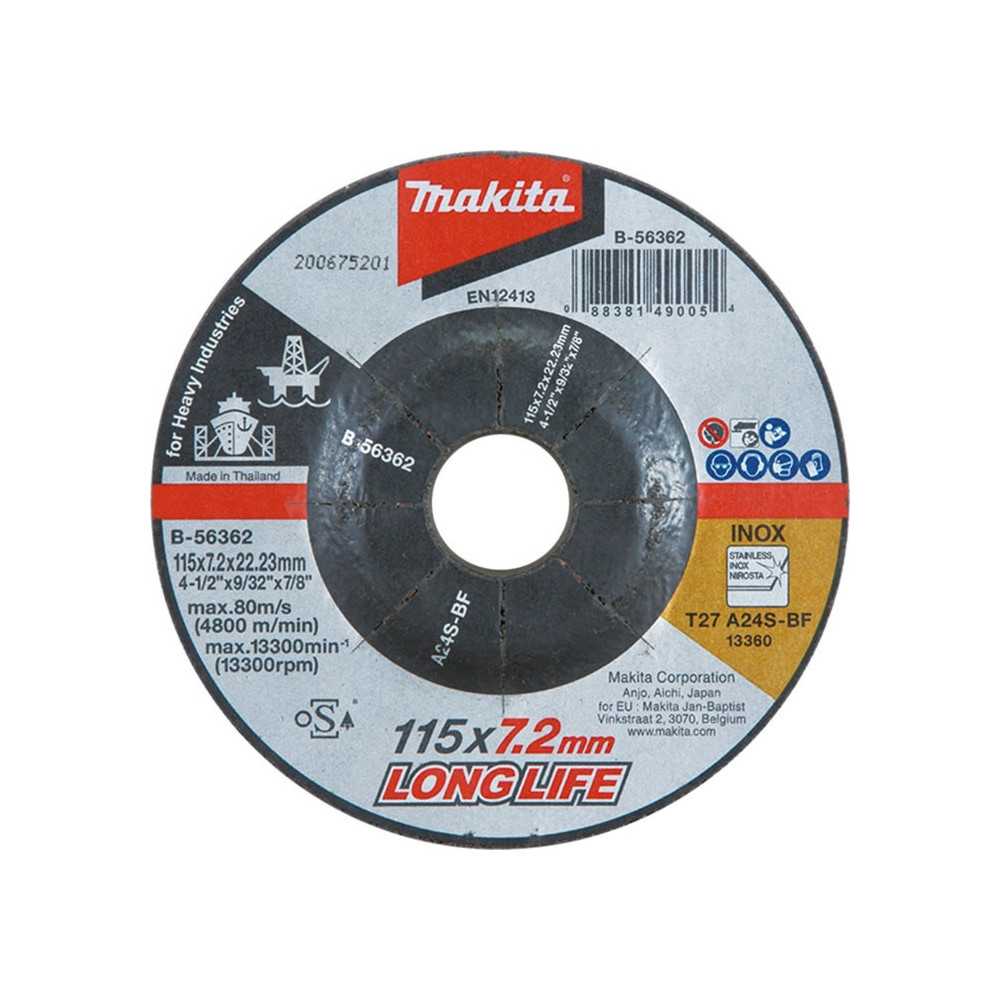 Disco Desbaste Metal / Inox 115x7.2x22.23MM A24S Trabajo Pesado Makita B-56362