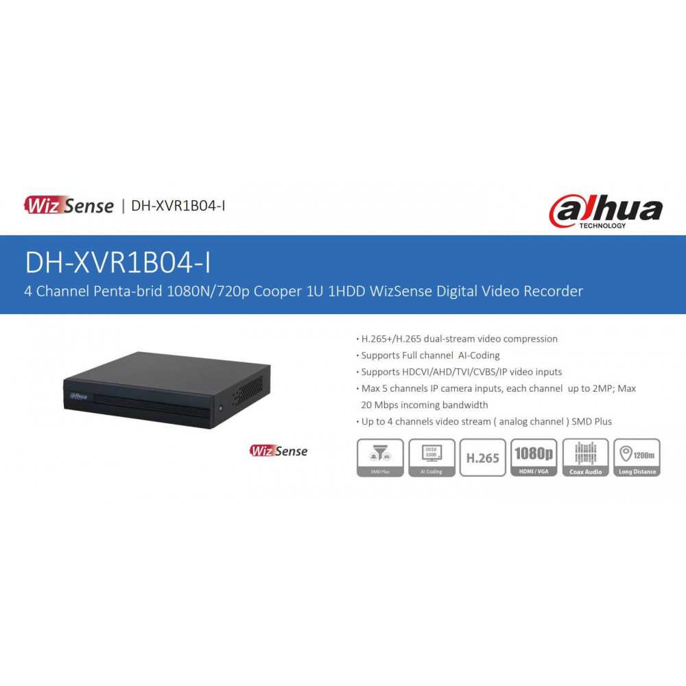 XVR Grabador 4 canales 1080N/720p Cooper 1U 1HDD WizSense Dahua DH-XVR1B04-I